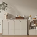 Minimalist White Console And Side Cabinet With Arched Panels Green Plant Coffee Machine Cups Jars