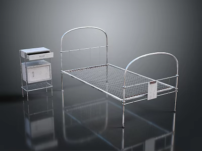 Modern Metal Frame Single Bed with Sleek Nightstand and Storage Drawer in Minimalist Design 3d model