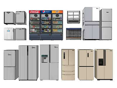 Various Types Of Refrigerators And Freezers With Modern Designs And Silver White Beige Colors 3d model