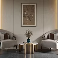 Elegant Circular Coffee Table With Brass Base Between Two Armchairs And Wall Painting 3d model