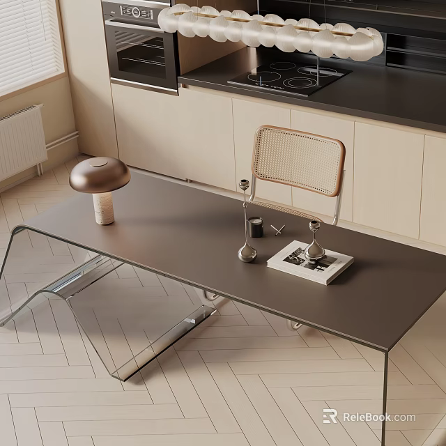 Modern Dining Table Set with Metal Frame Glass Legs Rattan Chair and Mushroom Lamp 3d model 