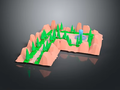 Cartoon Style Scenic Landscape With Orange Mountains Green Trees Pathway And Blue Fountain 3d model