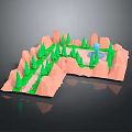 Cartoon Style Scenic Landscape With Orange Mountains Green Trees Pathway And Blue Fountain