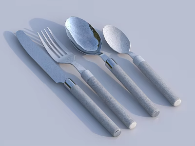Modern Stainless Steel Cutlery Set with Grey Textured Handles Including Knife Fork and Spoons 3d model