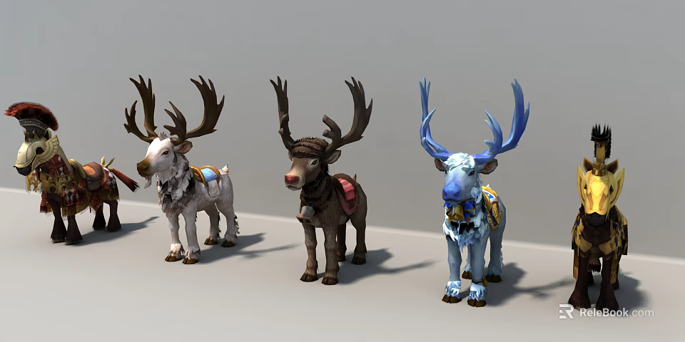 Three Reptile Figures With Large Horns And Saddle Designs In Different Colors 3d model 