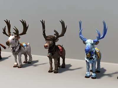 Three Reptile Figures With Large Horns And Saddle Designs In Different Colors 3d model