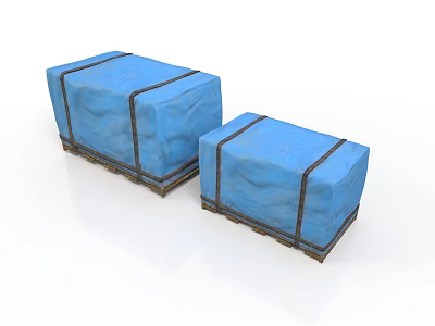 Two Blue Fabric Covered Boxes With Black Straps And Wooden Bases 3d model