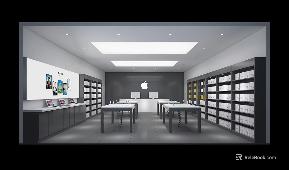 Modern Digital Store Interior With Bright Lighting Display Tables Shelves And Electronics 3d model