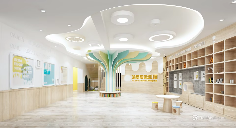 Bright Kindergarten Interior With Wavy Ceiling Circular Lights And Colorful Tree Decoration 3d model 