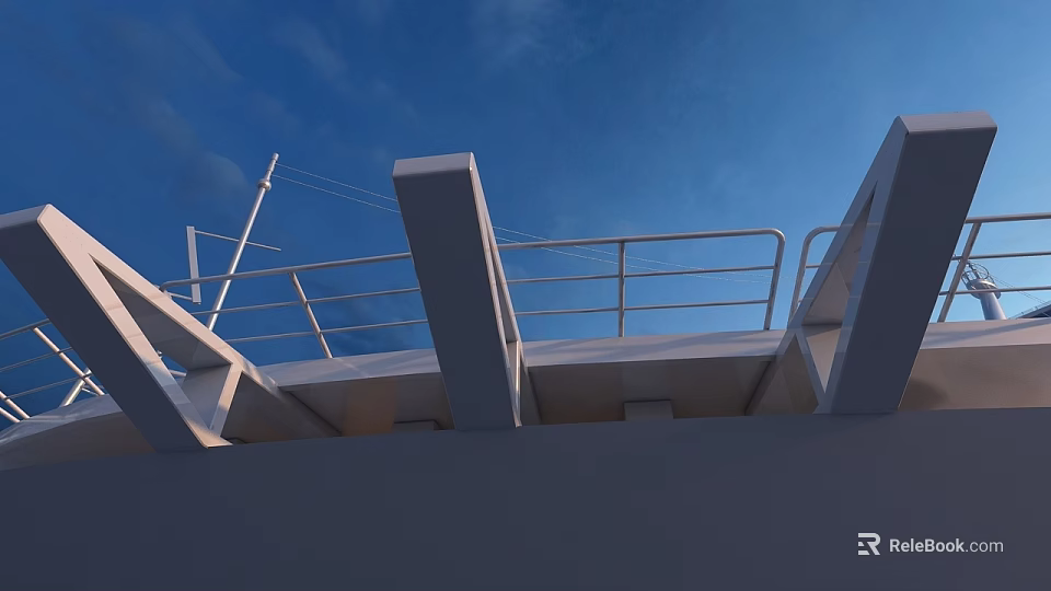 Modern Yacht Upper Deck With White Railing And Blue Sky View 3d model