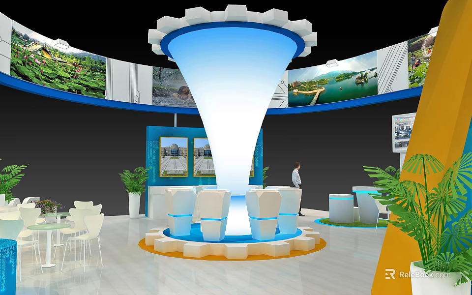 Exhibition Hall Interior With Blue Cone Structure White Seats And Display Panels 3d model 