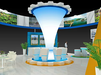 Exhibition Hall Interior With Blue Cone Structure White Seats And Display Panels 3d model