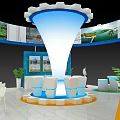 Exhibition Hall Interior With Blue Cone Structure White Seats And Display Panels