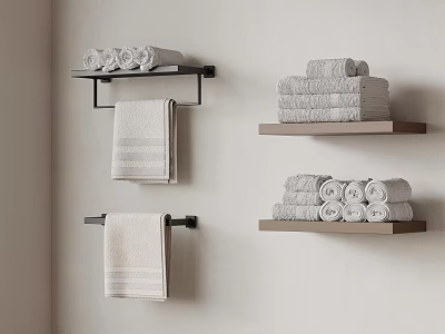 Modern Bathroom Wall Mounted Shelves With Folded And Hanging Towels Storage Design 3d model