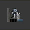 Game Movie Mechanical Character With Blue Claws Standing On Platform Near Water And Wooden Structure