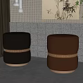 Modern Black And Brown Leather Sofa Stools With Golden Trim By Grey Grid Wall