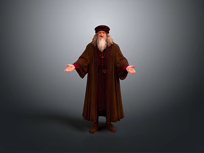 Elderly man standing in brown robe and hat with long white beard and outstretched hands 3d model