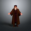Elderly man standing in brown robe and hat with long white beard and outstretched hands