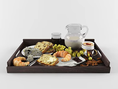 Delicious Breakfast Food Tray With Bread Croissant Grapes Cheese Milk Jug And Coffee 3d model