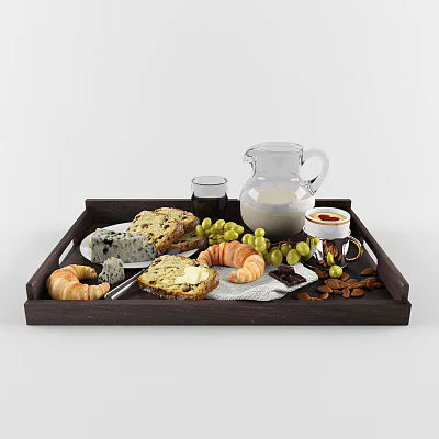 Delicious Breakfast Food Tray With Bread Croissant Grapes Cheese Milk Jug And Coffee 3d model
