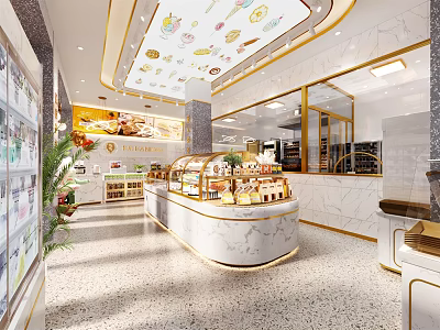 Dessert Shop Interior With Glass Display Cases Marble Countertop Pastries Display And Decorative Ceiling 3d model