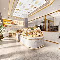 Dessert Shop Interior With Glass Display Cases Marble Countertop Pastries Display And Decorative Ceiling