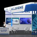 ALLSHENG Modern Blue White Exhibition Booth with DNA Structure Cell Display Reception Desk Chairs and Plants