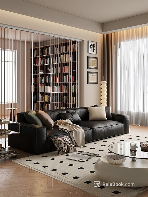 Modern Black Leather Sofa And Glass Coffee Table Set For Cozy Stylish Home Living Room 3d model 