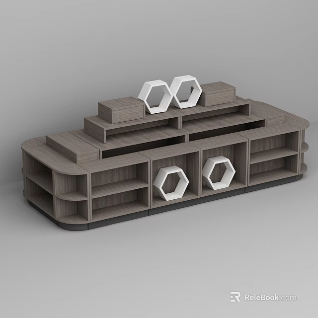 Modern Wooden Multi Tiered Display Shelf With Hexagonal Decor And Open Compartments 3d model