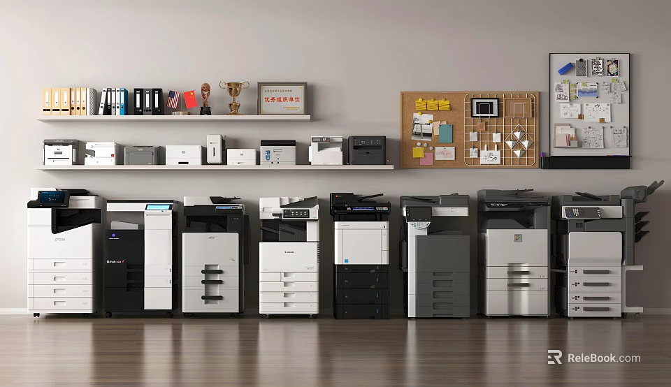 Modern Office Appliances With Printers Copiers Shelves Trophies And Bulletin Board 3d model 