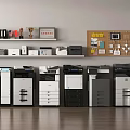 Modern Office Appliances With Printers Copiers Shelves Trophies And Bulletin Board