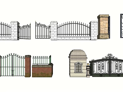 Various Entrance Gates Designs with Iron Railings and Stone Pillars 3d model