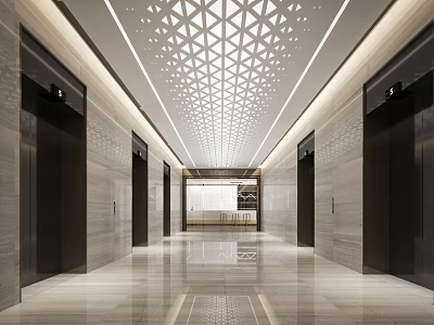 Modern Elevator Lobby With Geometric Ceiling Marble Walls And Bright Lighting 3d model