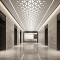Modern Elevator Lobby With Geometric Ceiling Marble Walls And Bright Lighting 3d model