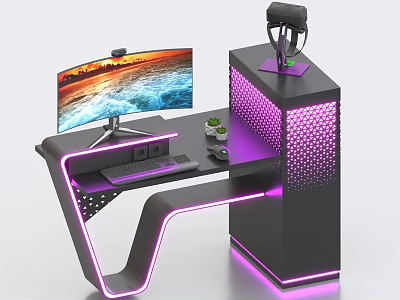 Modern Gaming Computer Desk With Curved Monitor RGB Lighting And Headphone Stand 3d model