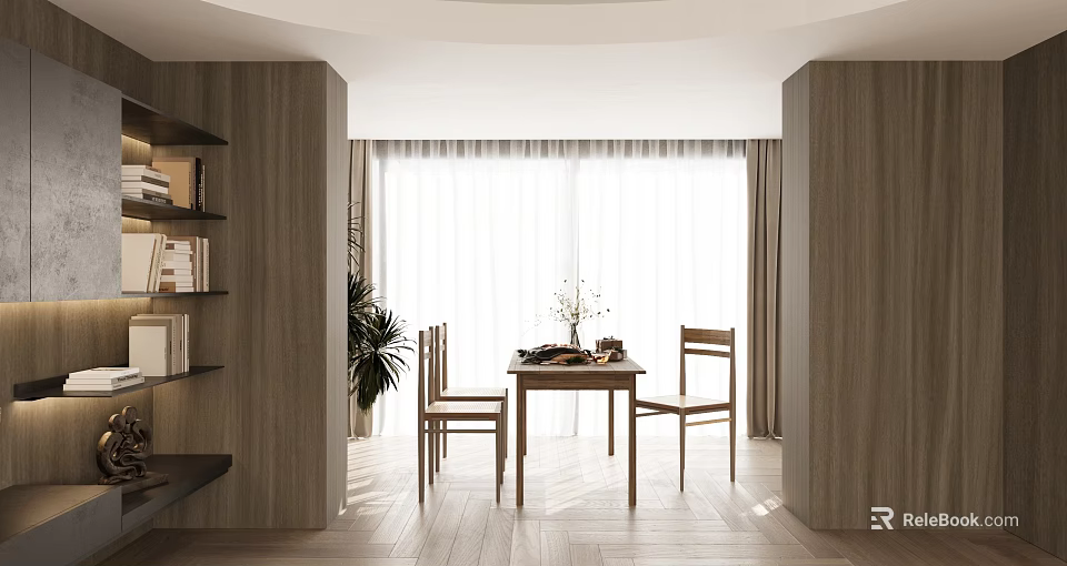 Modern Restaurant Interior With Wooden Elements Dining Table Chairs Natural Light Plants And Books 3d model 