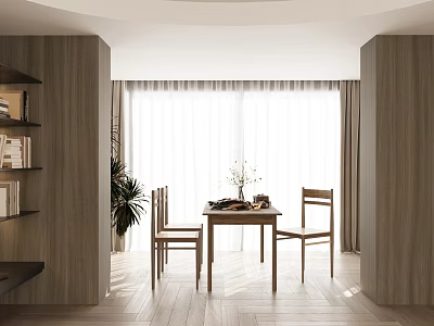Modern Restaurant Interior With Wooden Elements Dining Table Chairs Natural Light Plants And Books 3d model