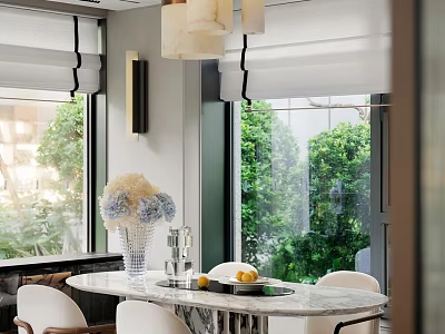 Elegant Modern Restaurant Interior With Marble Dining Table Chandelier Green Plants And Windows 3d model