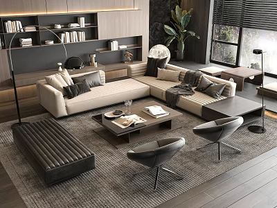 Modern Beige Sofa Coffee Table Set With Gray Rug And Black Chairs In Living Room 3d model