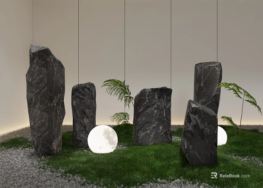Elegant Garden Ornament Display with Black Stones Green Grass Glowing Moon Lights Ferns and Gravel 3d model 