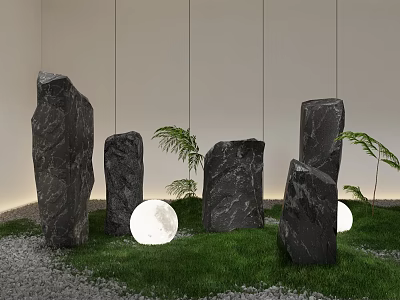 Elegant Garden Ornament Display with Black Stones Green Grass Glowing Moon Lights Ferns and Gravel 3d model