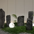 Elegant Garden Ornament Display with Black Stones Green Grass Glowing Moon Lights Ferns and Gravel
