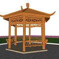 Traditional Wooden Pavilion in Garden with Purple Flowers Green Shrubs Stone Pavement and Blue Sky