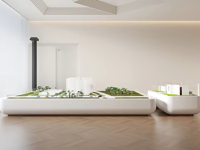 Modern Sales Office Interior With White Walls Black Pillars And Building Models On Display Tables 3d model