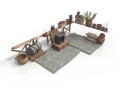 Herbs and Flowers Arrangement With Clay Pots Wooden Shelves Barrels And Jute Rugs 3d model