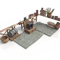Herbs and Flowers Arrangement With Clay Pots Wooden Shelves Barrels And Jute Rugs