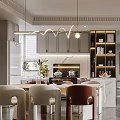 Elegant Dining and Living Room Interior With Marble Wall Multi Colored Curtains Sofa And Statue