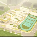Modern School Building With Interconnected Structures Green Roof Landscaped Areas And Tennis Courts