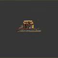 Rustic Wooden Cabin on Water with Yellow Roof Wooden Fences and Flying Birds