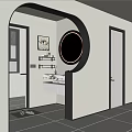 Modern Bathroom Interior With Circular Mirror Lighting Vanity And Framed Wall Art 3d model